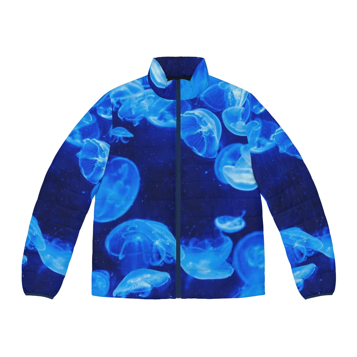 Blue King puffer jacket with gaming, Devil May Cry, and retro design elements