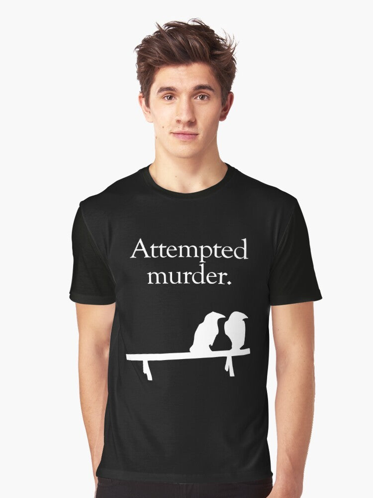 A graphic t-shirt design featuring the text "Attempted Murder" with stylized crows in black and white. - Men