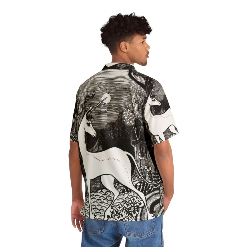 Enchanting 'The Last Unicorn' fantasy Hawaiian shirt with whimsical forest and unicorn design - People Back