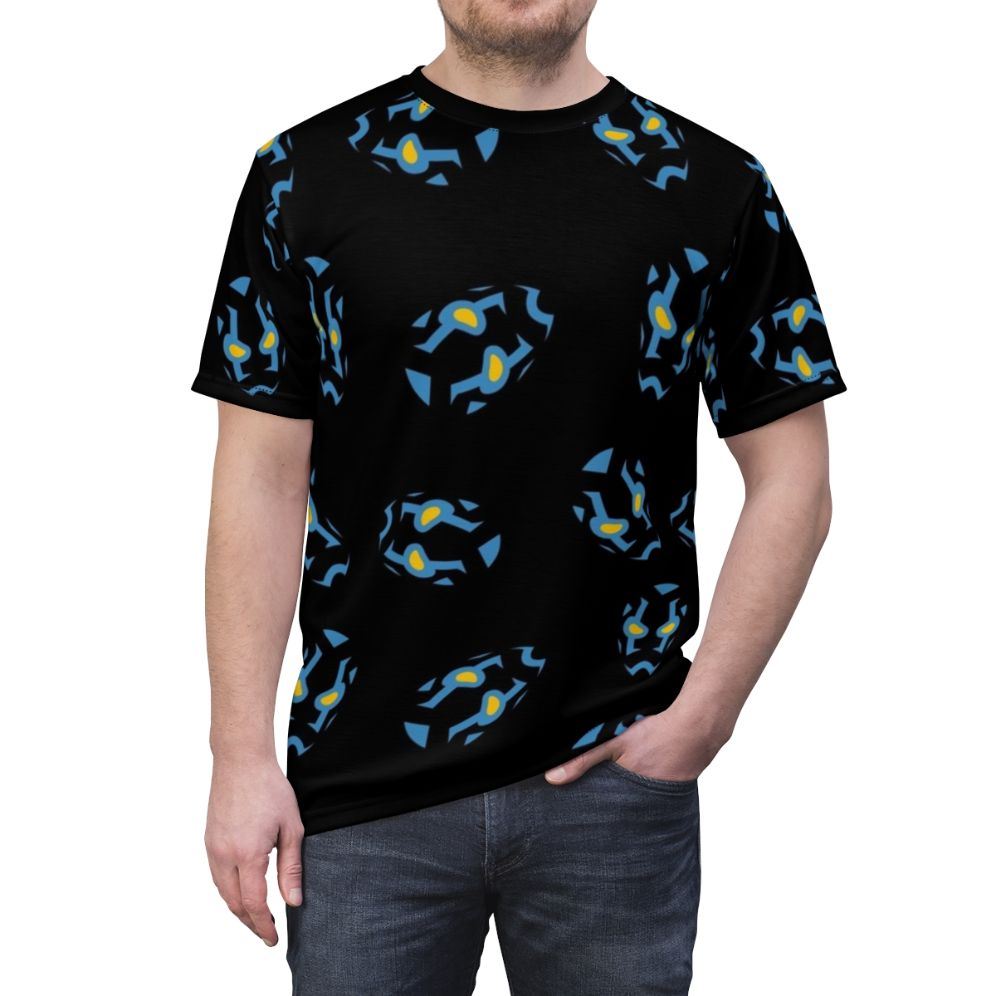 Artistic interpretation of the Blue Beetle superhero mask from DC Comics on a t-shirt - men front