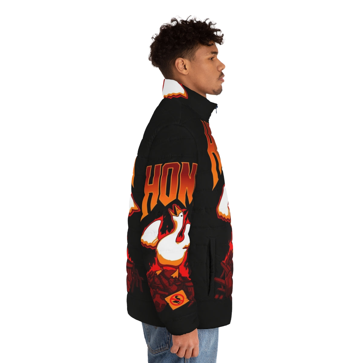 Honk Puffer Jacket featuring a gaming goose graphic for gamers and geeks - men side right