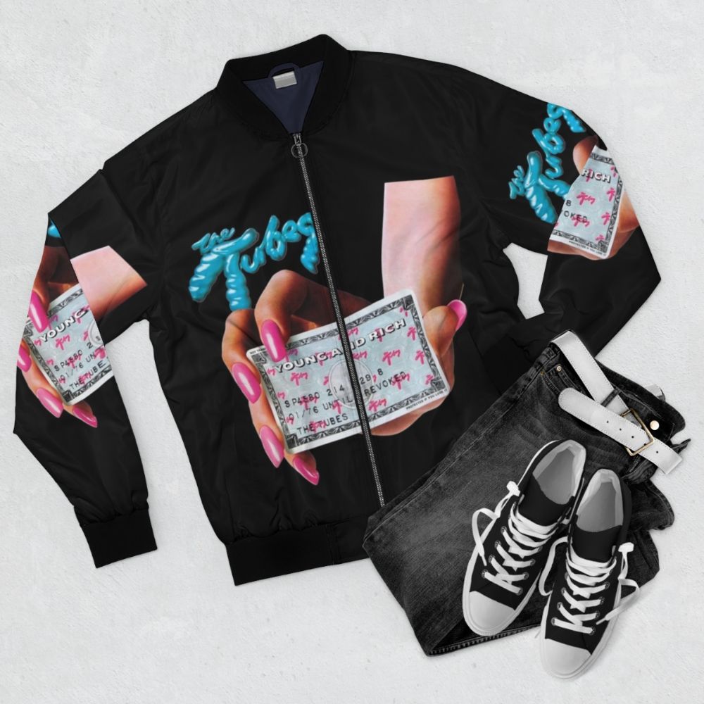 The Tubes Punk Bomber Jacket with Retro 1970s 1980s New Wave Design - Flat lay