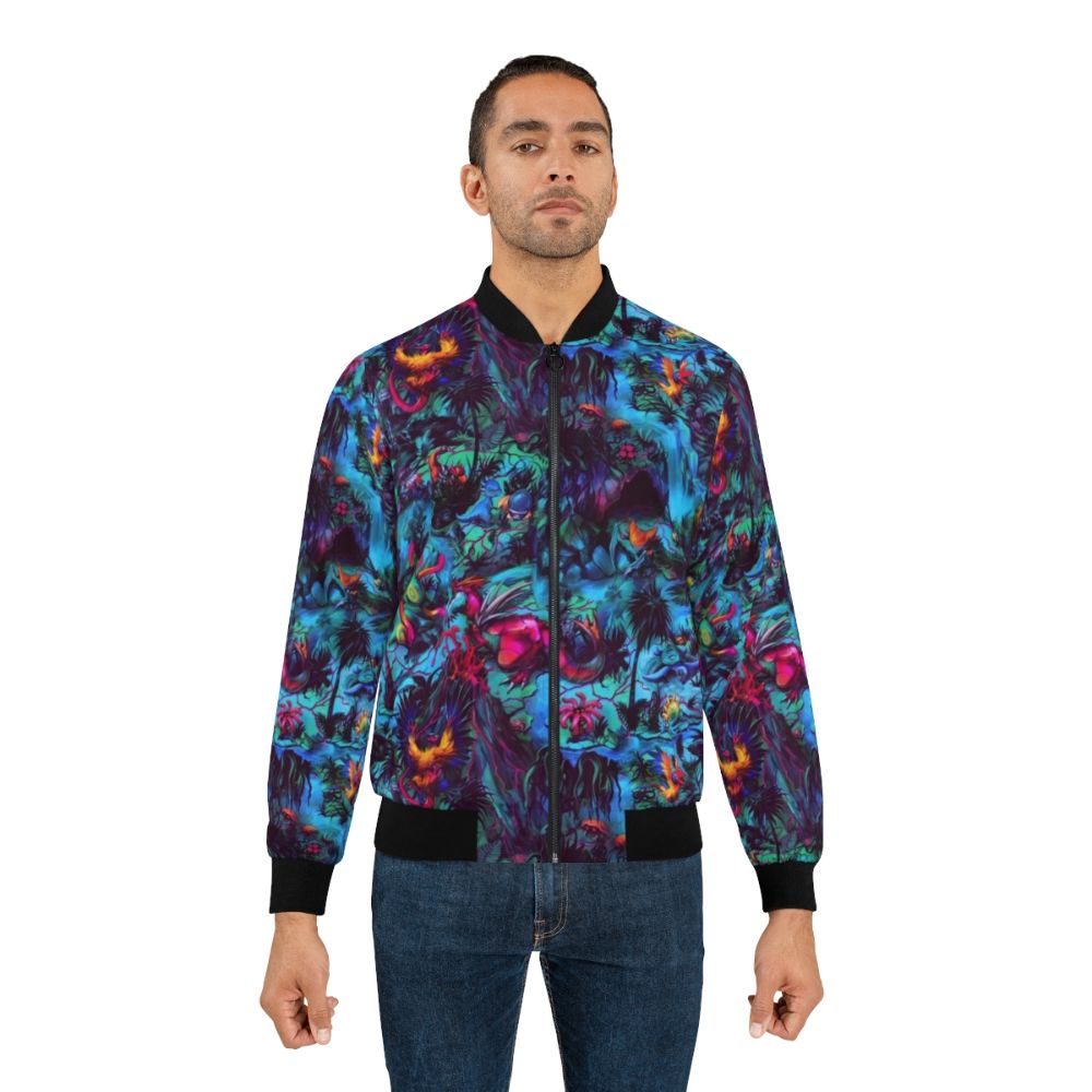 Paleo Party Bomber Jacket featuring a psychedelic dinosaur design - Lifestyle