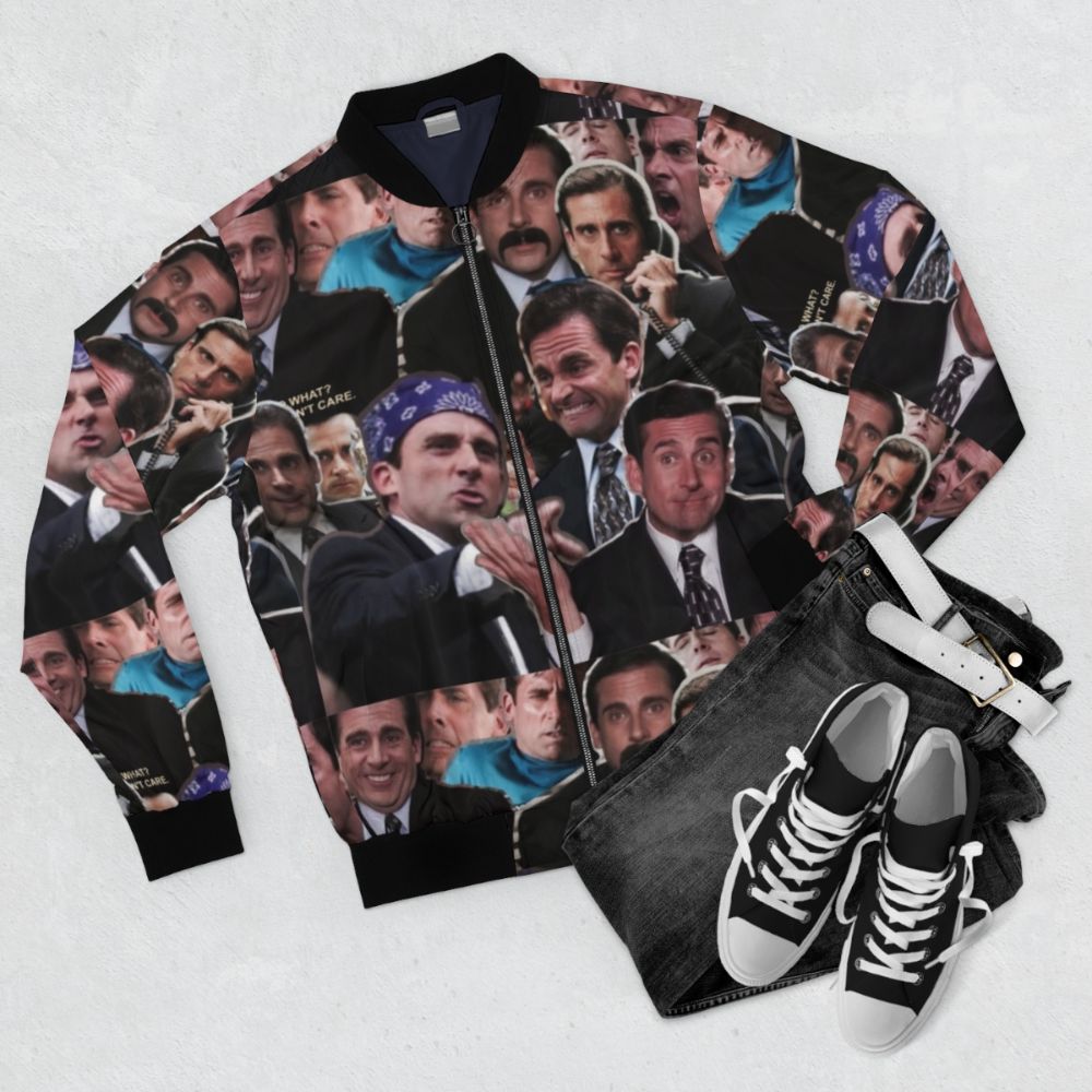 Steve Carell as Michael Scott from the TV show 'The Office' wearing a bomber jacket - Flat lay