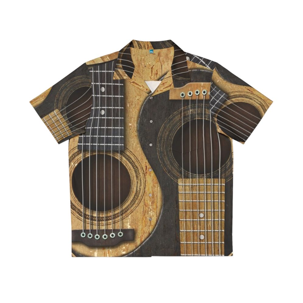 Vintage acoustic guitar with yin yang design on Hawaiian shirt