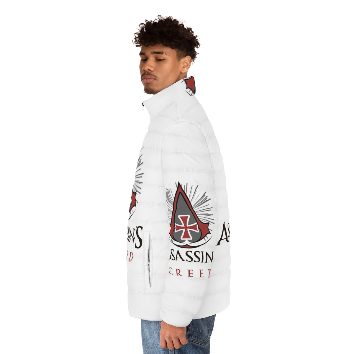 Assassins and Templars Puffer Jacket featuring popular Assassin's Creed video game characters - men side left