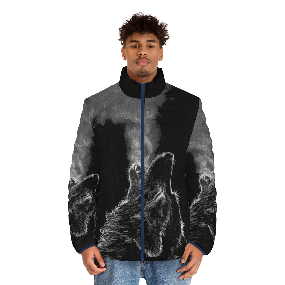 A black and white wolf puffer jacket with a furry hood and animal print design - men front