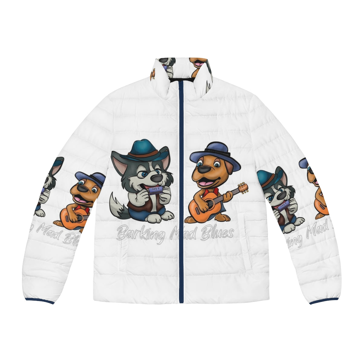 The Barking Mad Blues Duo Puffer Jacket - featuring a malamute and blues musician design