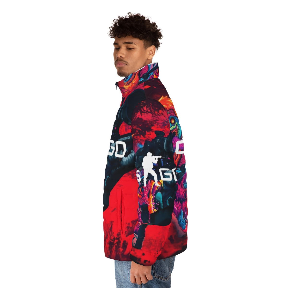 Hyper Beast CSGO puffer jacket with tactical design and pattern - men side left