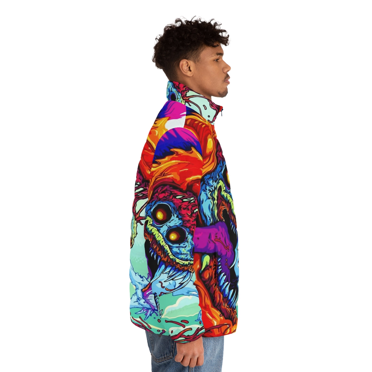 Hyper Beast puffer jacket with vibrant, abstract gaming-inspired design - men side right