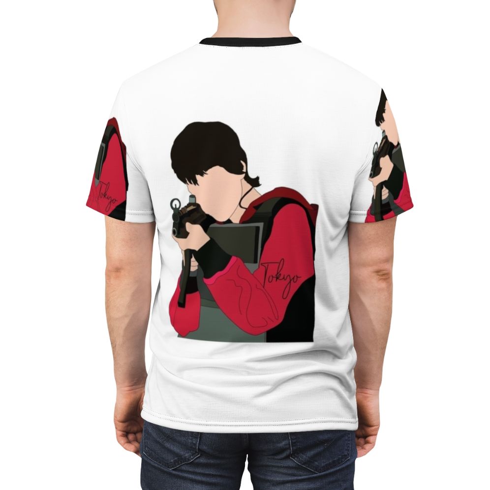 Tribute to Money Heist Characters: Tokyo AOP T-Shirt, featuring the iconic character from the popular Netflix heist series - men back