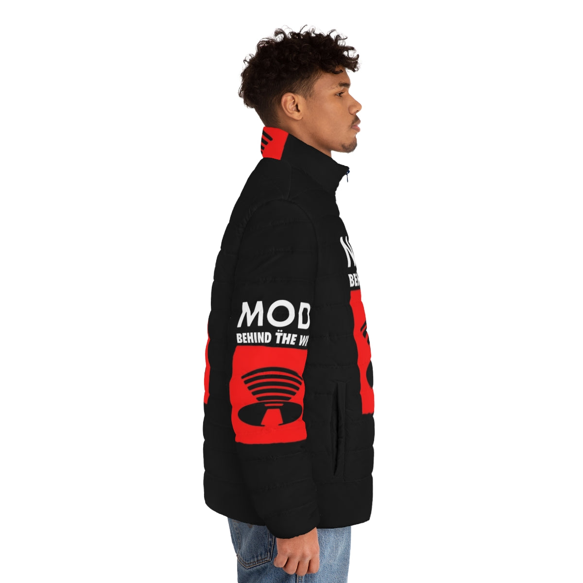 A puffer jacket in a retro style, perfect for embracing the 80s and 90s synthpop fashion - men side right