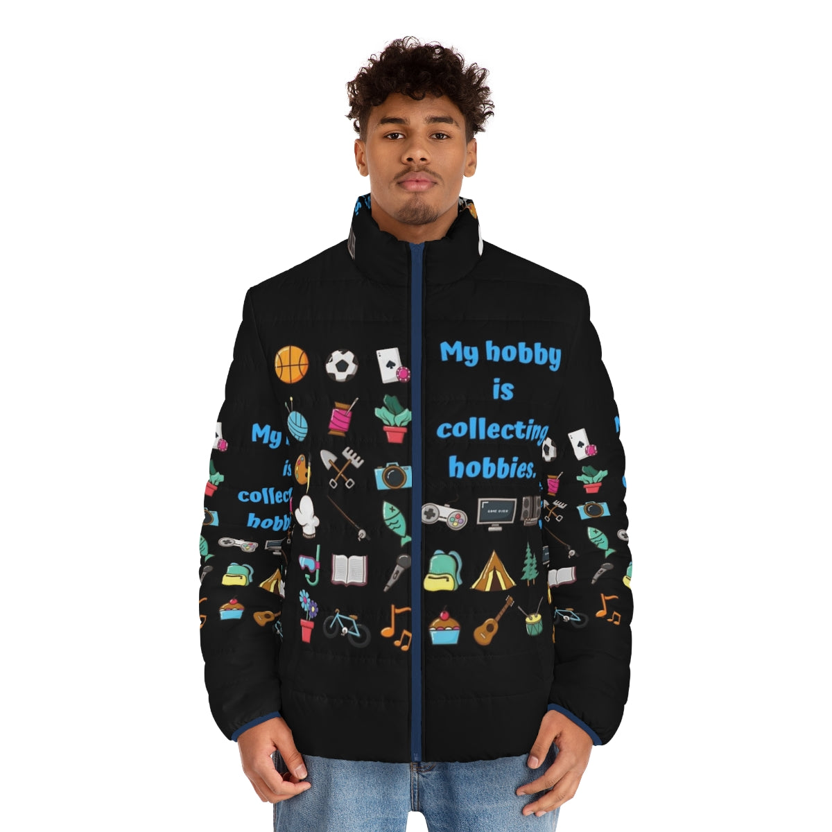 "My Hobby Is Collecting Hobbies" puffer jacket with various hobby icons - men front