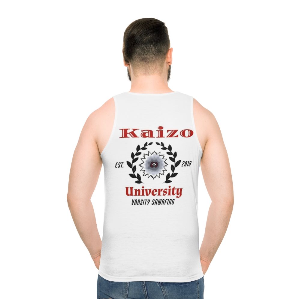 Varsity-style unisex tank top with sawrfing and saw blade design - men back