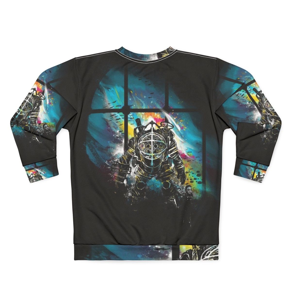 Mr Bubbles Bioshock Sweatshirt featuring a watercolor design of the iconic Big Daddy - Back