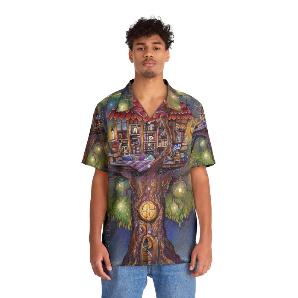 Enchanting Tree House Hawaiian Shirt with Lanterns, Stars, and Whimsical Elements - People Front