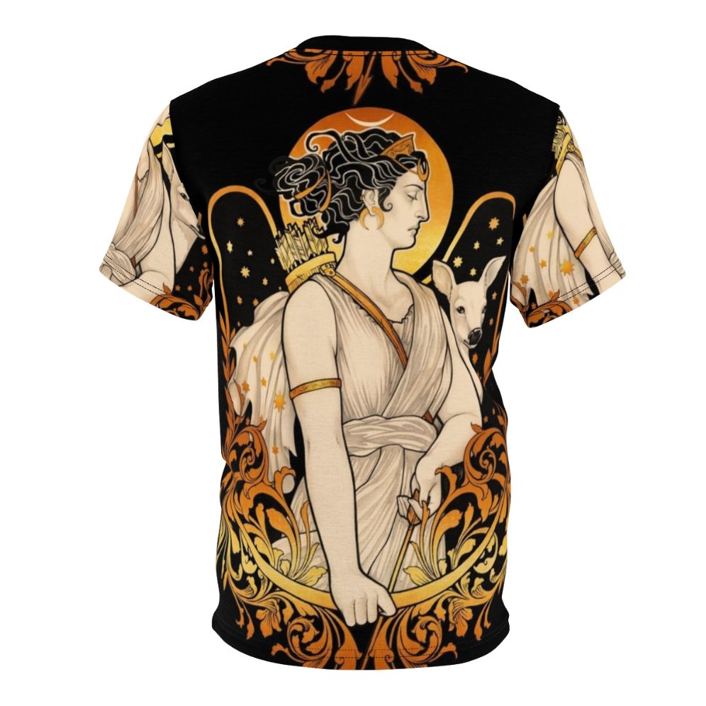 Artistic t-shirt design featuring the Greek goddess Artemis, the powerful goddess of the hunt, with crescent moon, stars, and nature elements. - Back