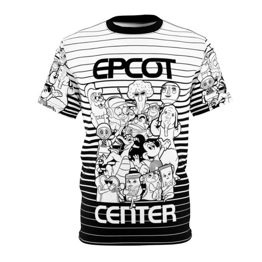 Retro-style all-over print t-shirt featuring Epcot Center iconography and attractions like Figment, Horizons, and Captain EO.