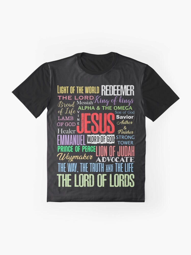 Graphic t-shirt with names of God and Lord Jesus Christ, Christian gifts design - Flat lay