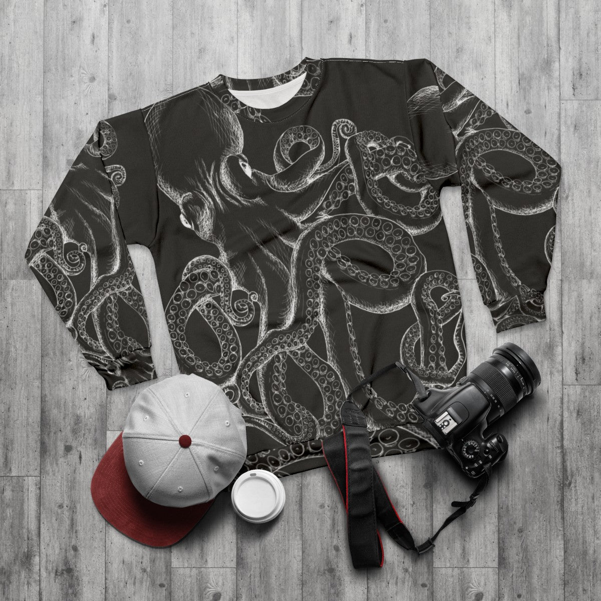 Octopus line art white on black sweatshirt - flat lay