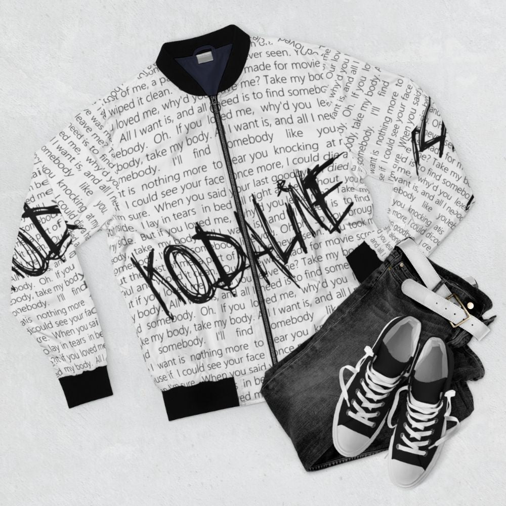 Kodaline "All I Want" Bomber Jacket with band members' names and music genre - Flat lay