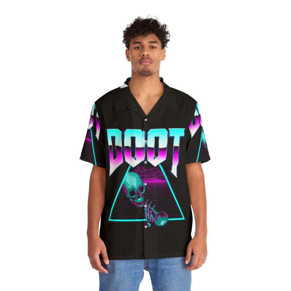 Retro 80s 90s vaporwave Hawaiian shirt with synthwave outrun aesthetic and palm tree pattern - People Front