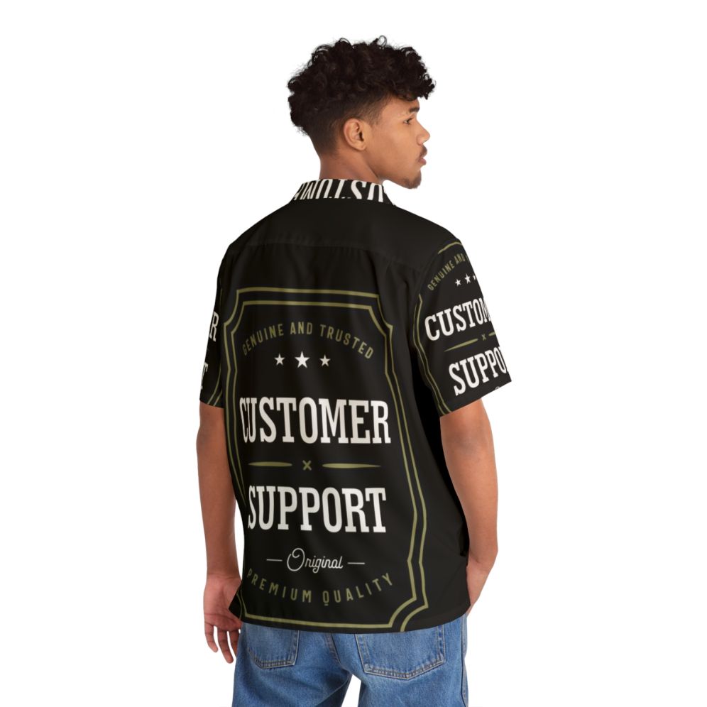 Customer support professional wearing a Hawaiian-style work shirt - People Back