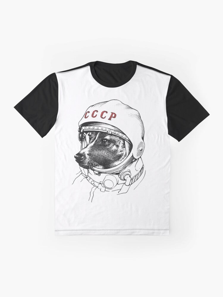 Graphic t-shirt featuring Laika, the famous Soviet space dog, in a space suit and stars - Flat lay