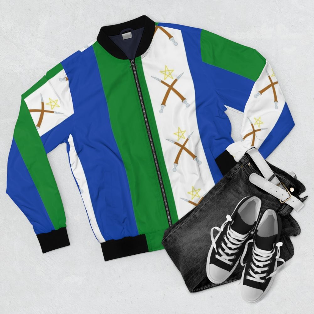 Bomber jacket featuring the flag of the Afar people (Qafara) from Ethiopia and Djibouti - Flat lay