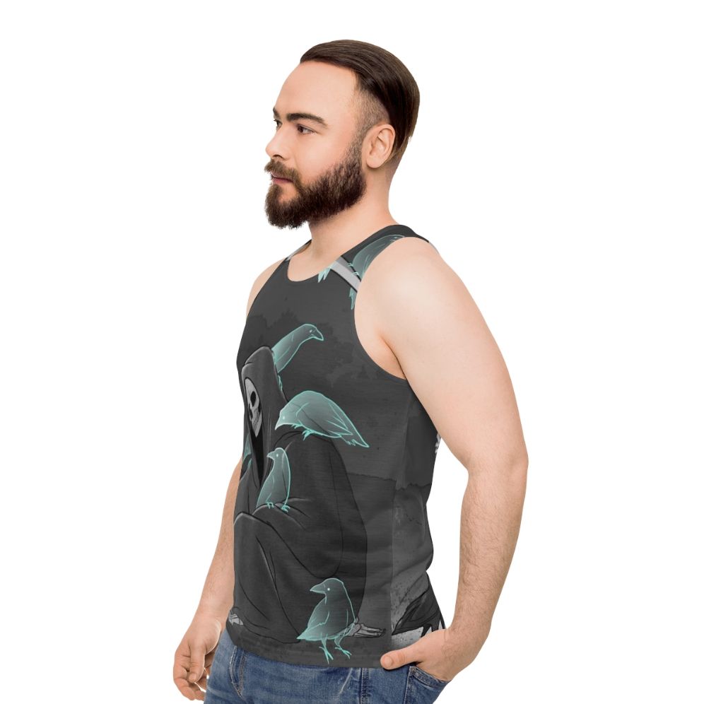 Unisex tank top with a dark gothic design featuring crows and a reaper - men side