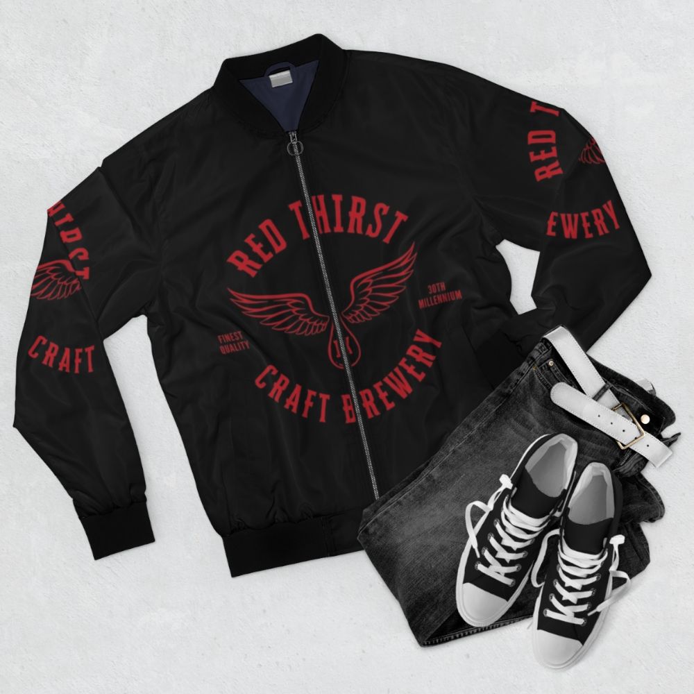 Warhammer 40K Red Thirst Craft Brewery Bomber Jacket with Blood Angels and Space Marines design - Flat lay