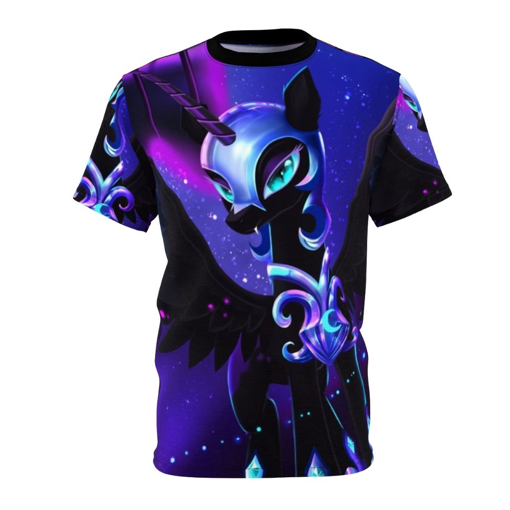 Nightmare Moon, the dark alicorn princess from My Little Pony, featured on a high-quality all-over print t-shirt