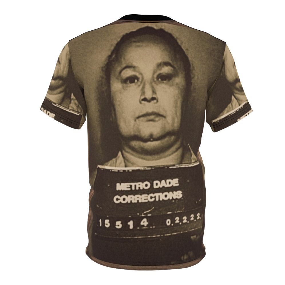 Griselda Blanco inspired all-over-print t-shirt design featuring the crime boss known as the "Black Widow" - Back