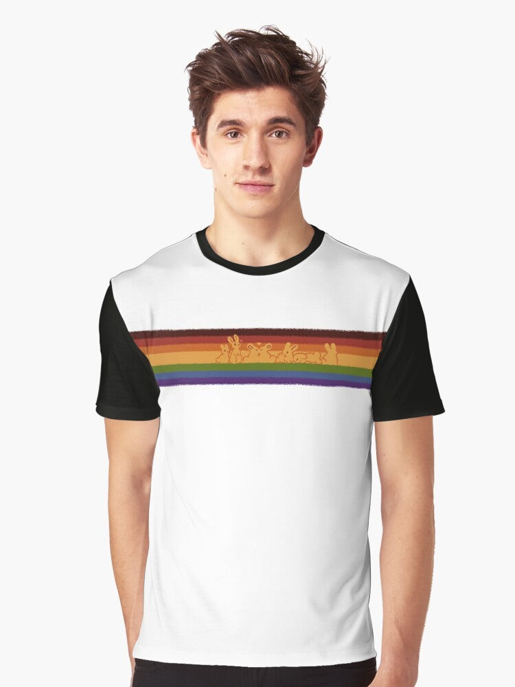 Colorful graphic of cute rainbow rabbits on a gay pride t-shirt - Men