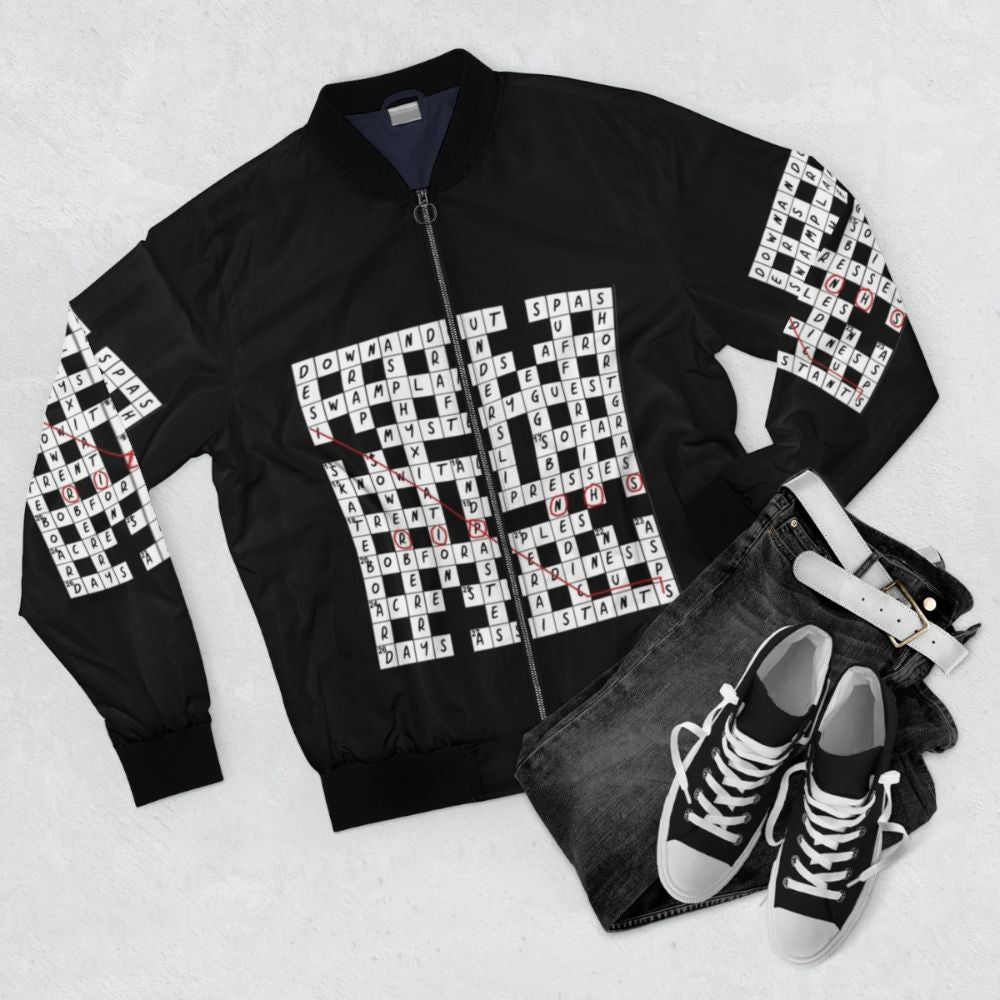 Inside No 9 Riddle of the Sphinx Cryptic Crossword Bomber Jacket - Flat lay