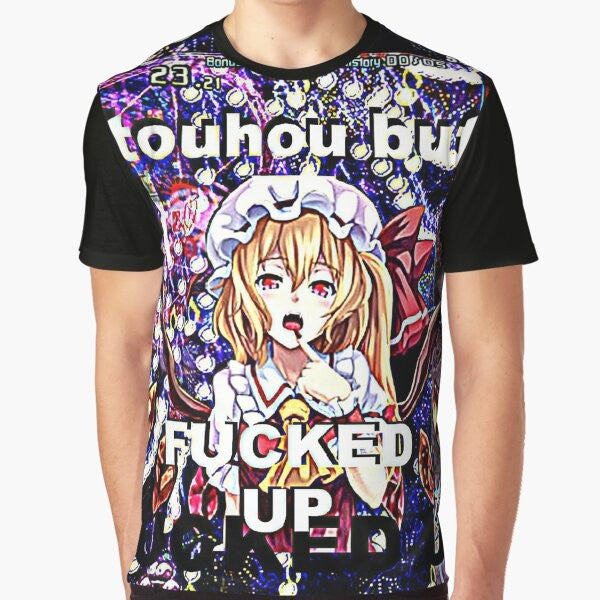 Funny Touhou meme graphic t-shirt featuring Flandre Scarlet, a popular character from the Touhou Project anime and game series.