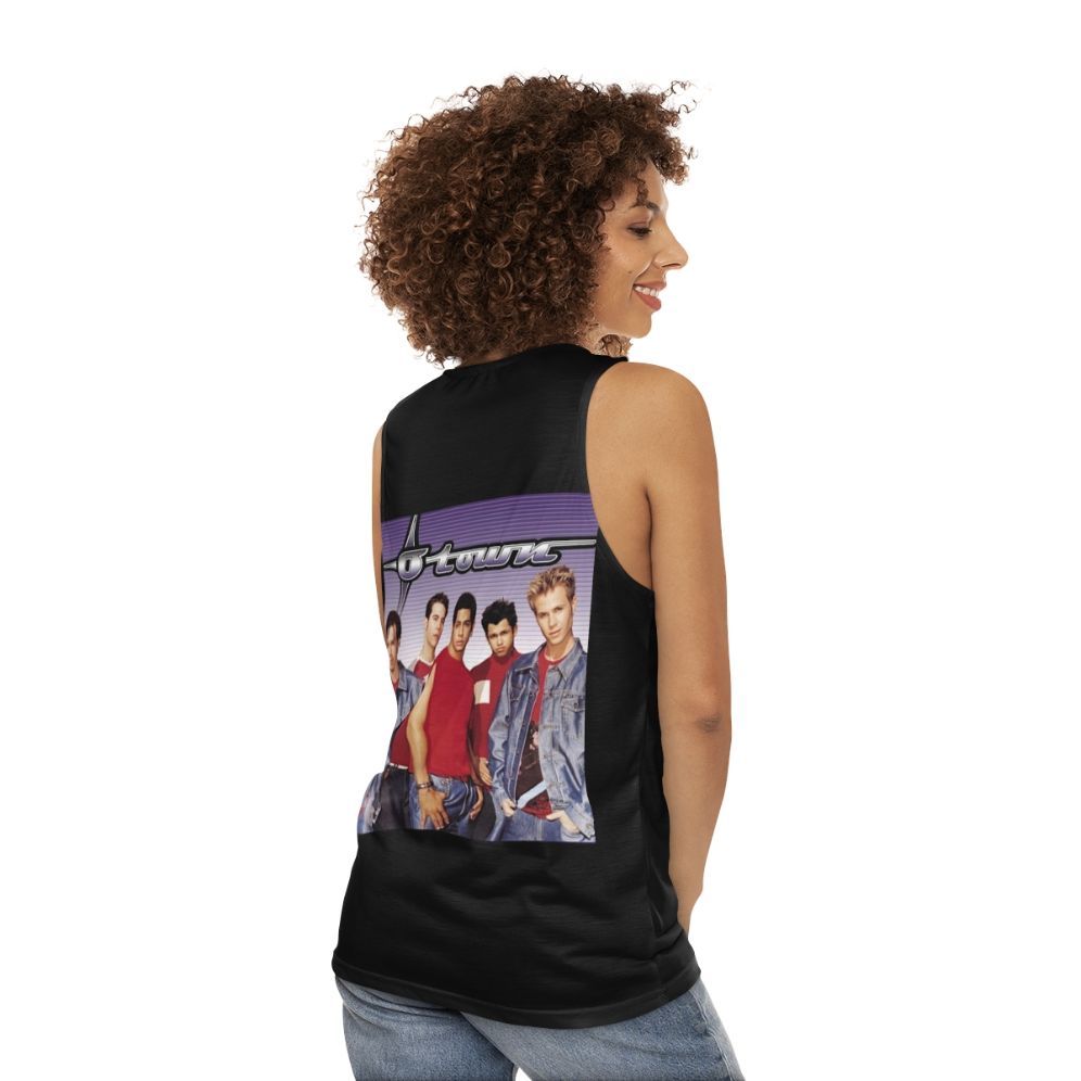 Unisex tank top featuring retro boy band music design - women back