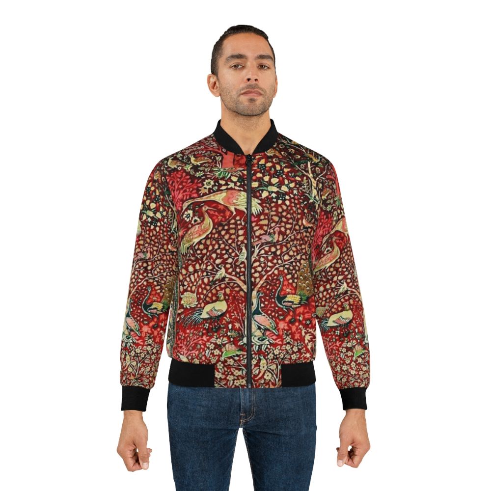 Vintage Persian rug bomber jacket with nature pattern featuring birds, trees, and flowers - Lifestyle