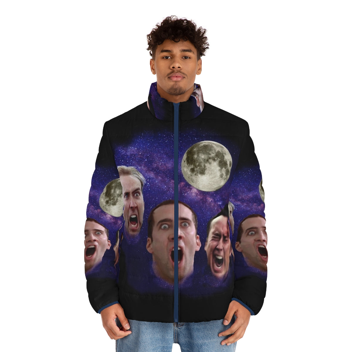 Three Cage Moon Puffer Jacket featuring a hilarious Nicolas Cage meme design - men front