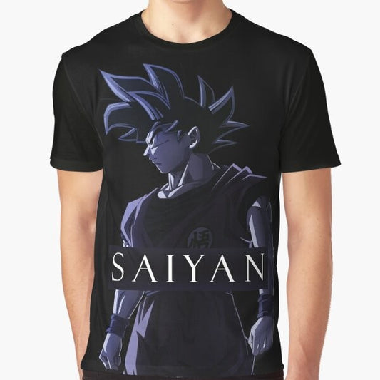 Illustration of Goku, the powerful Saiyan from the Dragon Ball Super anime series, on a graphic t-shirt design.