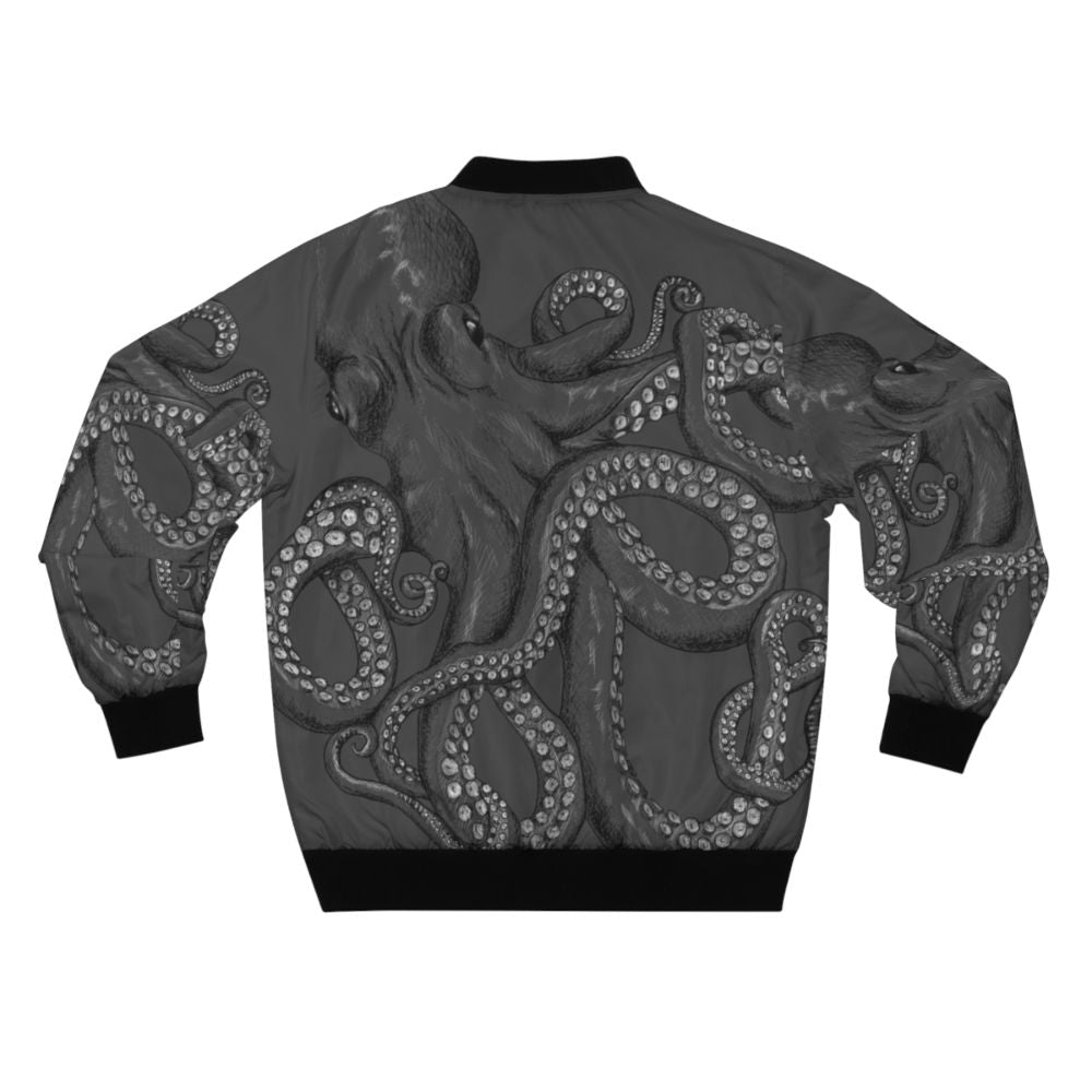 Realistic octopus design in black and white line art on a two-tone bomber jacket - Back