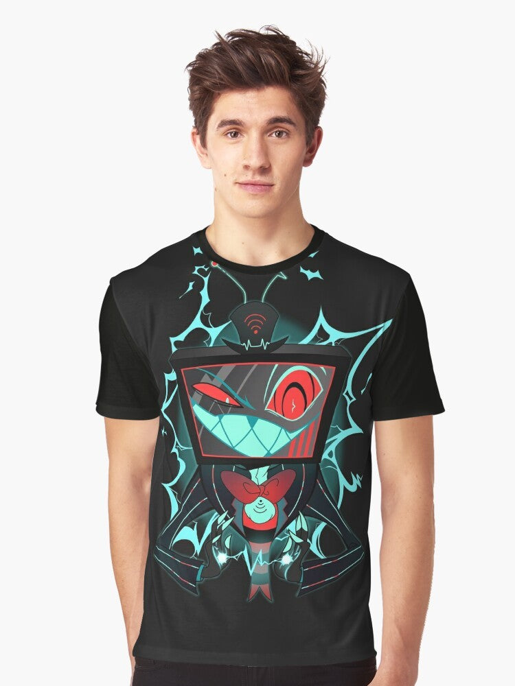 Vox Graphic T-Shirt featuring a hellish TV demon design inspired by the Hazbin Hotel animated series - Men