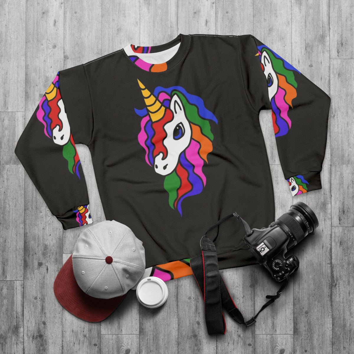 Multicolor rainbow unicorn graphic sweatshirt - flat lay