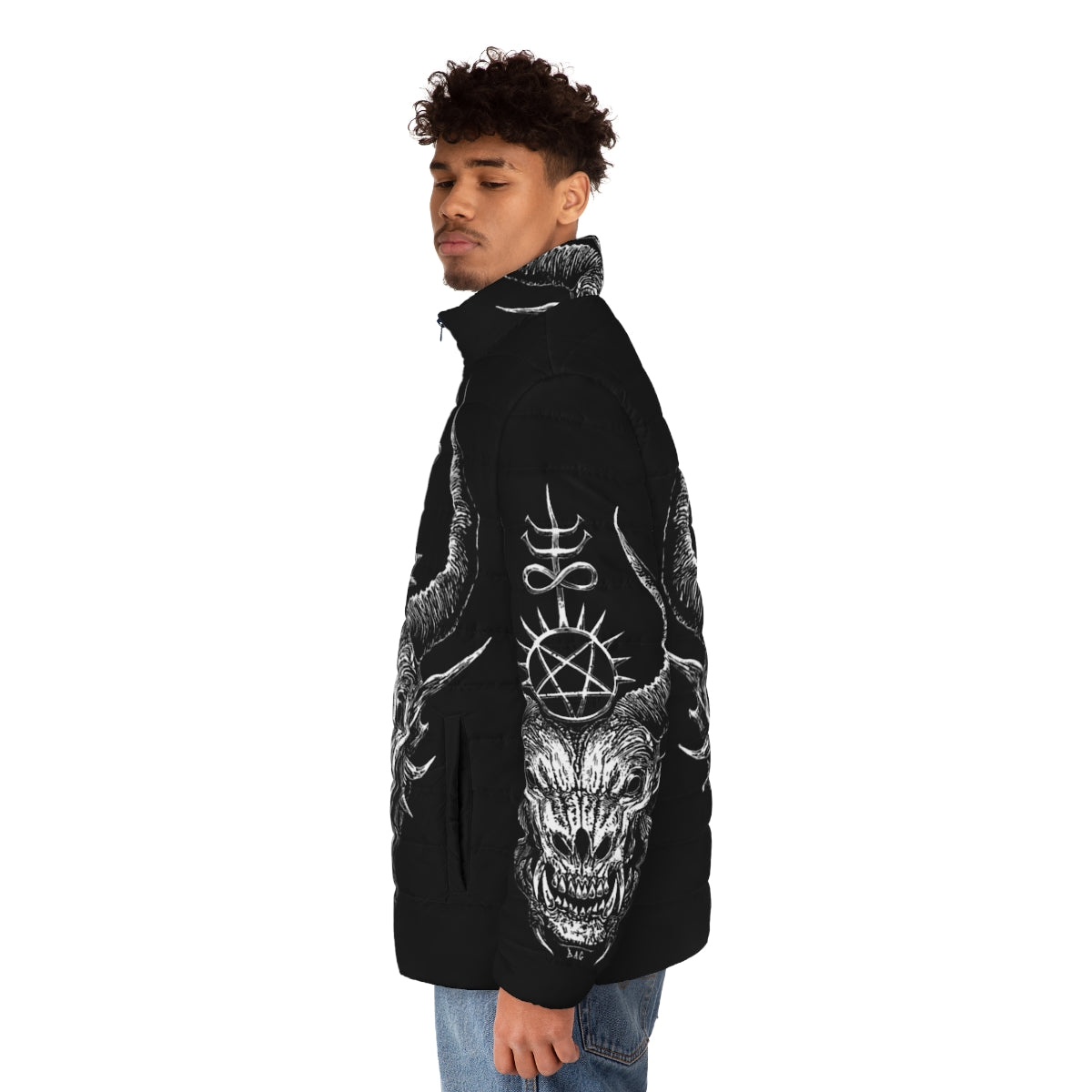 Dark puffer jacket with satanic and demonic design - men side left