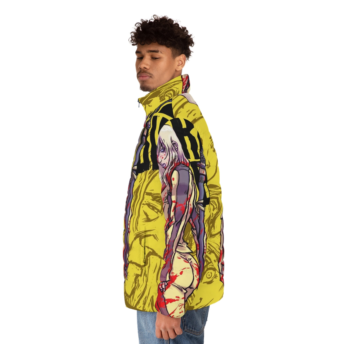 Kill Bill inspired puffer jacket featuring ninja-style design elements - men side left