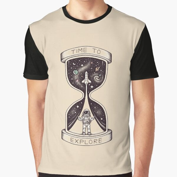 Astronaut exploring the galaxy with planets, stars, and an hourglass on a graphic t-shirt