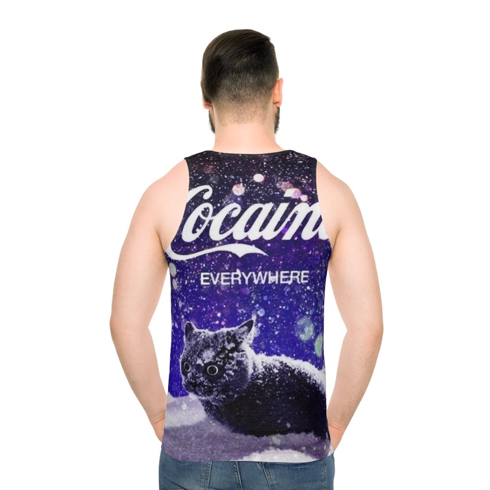 Cocaine Cat Unisex Tank Top with Artistic Design - men back