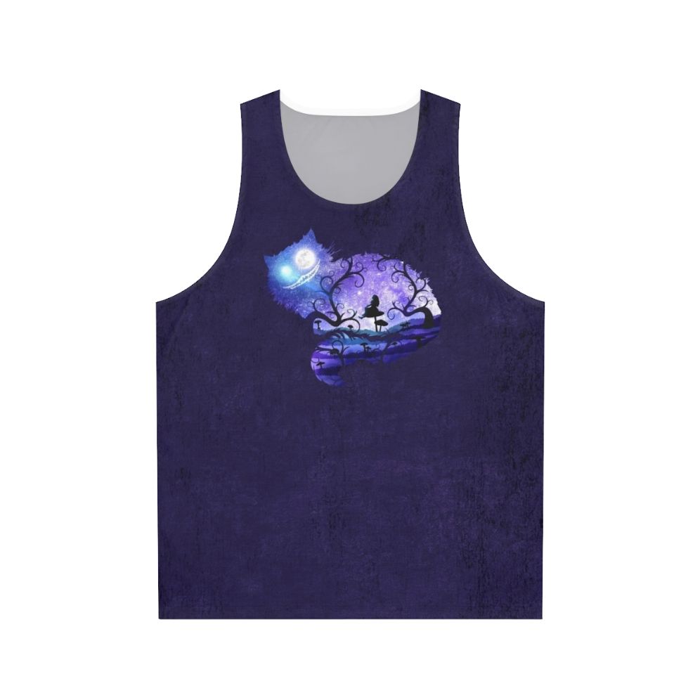 Whimsical unisex tank top with 'We Are All Mad Here' design featuring Alice in Wonderland's Cheshire Cat and night sky