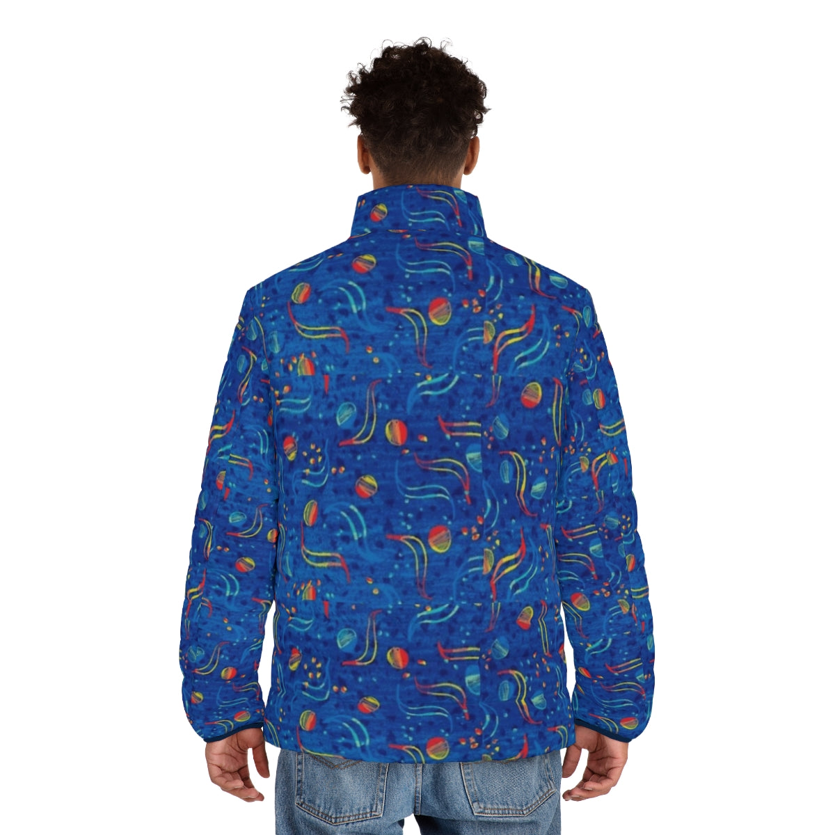 Stylish blue puffer jacket inspired by the iconic Dublin bus design - men back