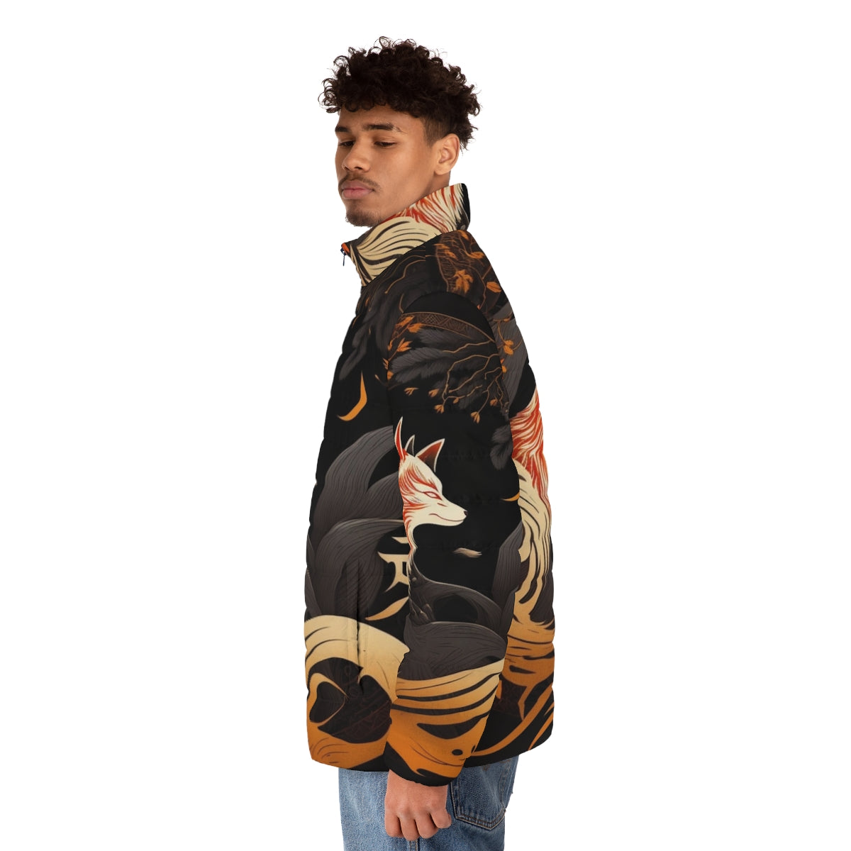 Kitsune Japanese art-inspired puffer jacket with a fox emblem design - men side left